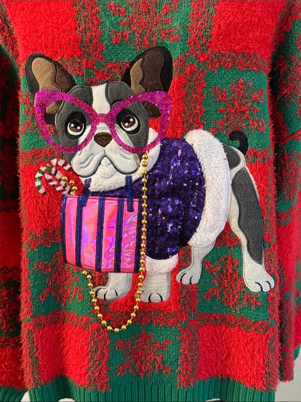 Festive Red & Green Women’s Holiday Sweater with Sequin Dog Motif - Picture 2 of 9
